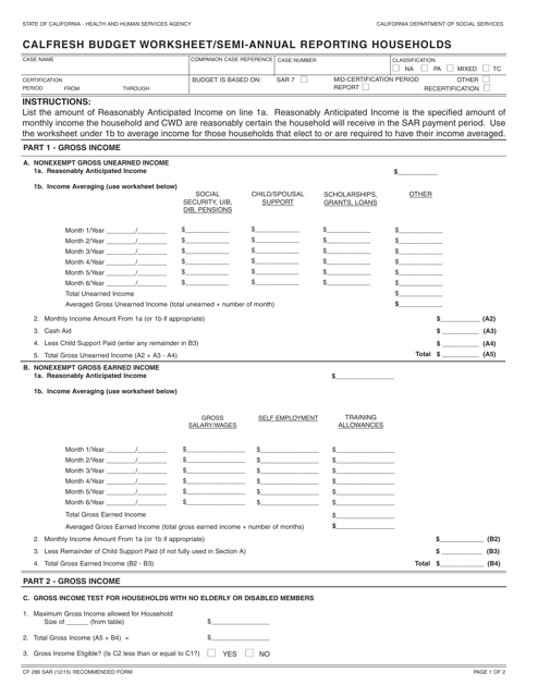 Form CF286 SAR CalFresh Budget Worksheet/Semi-annual Reporting Households - California