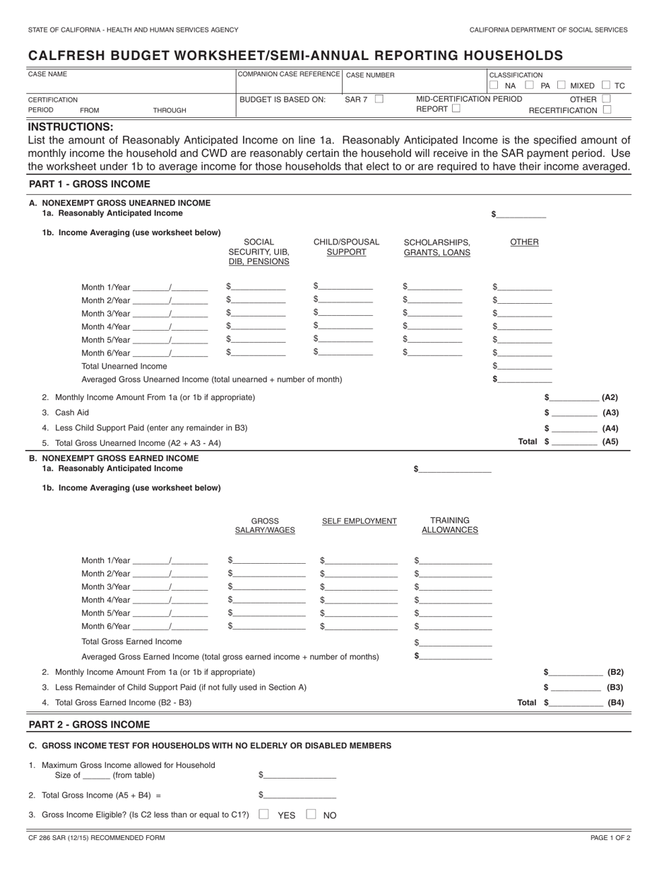 Form CF286 SAR CalFresh Budget Worksheet / Semi-annual Reporting Households - California, Page 1