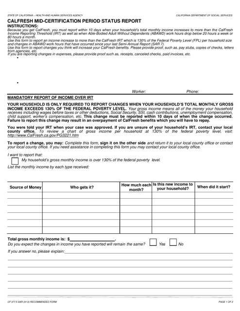 Form CF377.5 SAR CalFresh Mid-certification Period Status Report - California