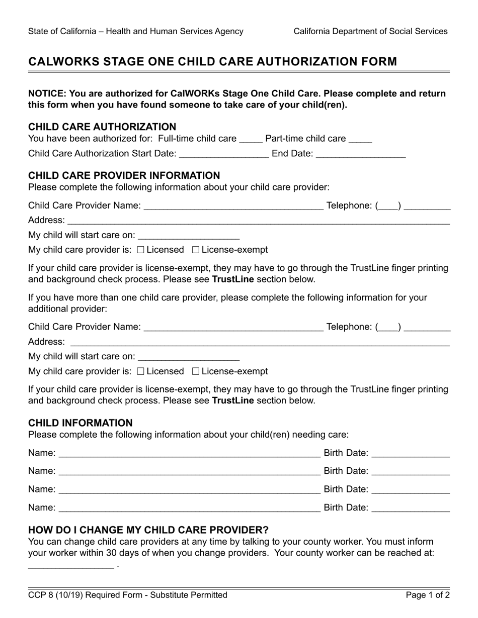 Form CCP8 Calworks Stage One Child Care Authorization Form - California, Page 1