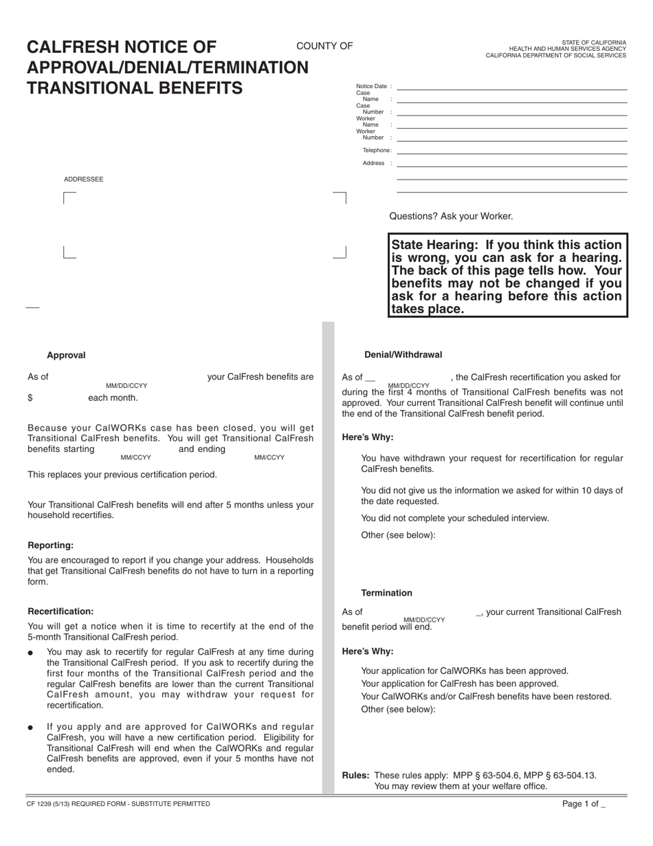 Form CF1239 CalFresh Notice of Approval / Denial / Termination Transitional Benefits - California, Page 1