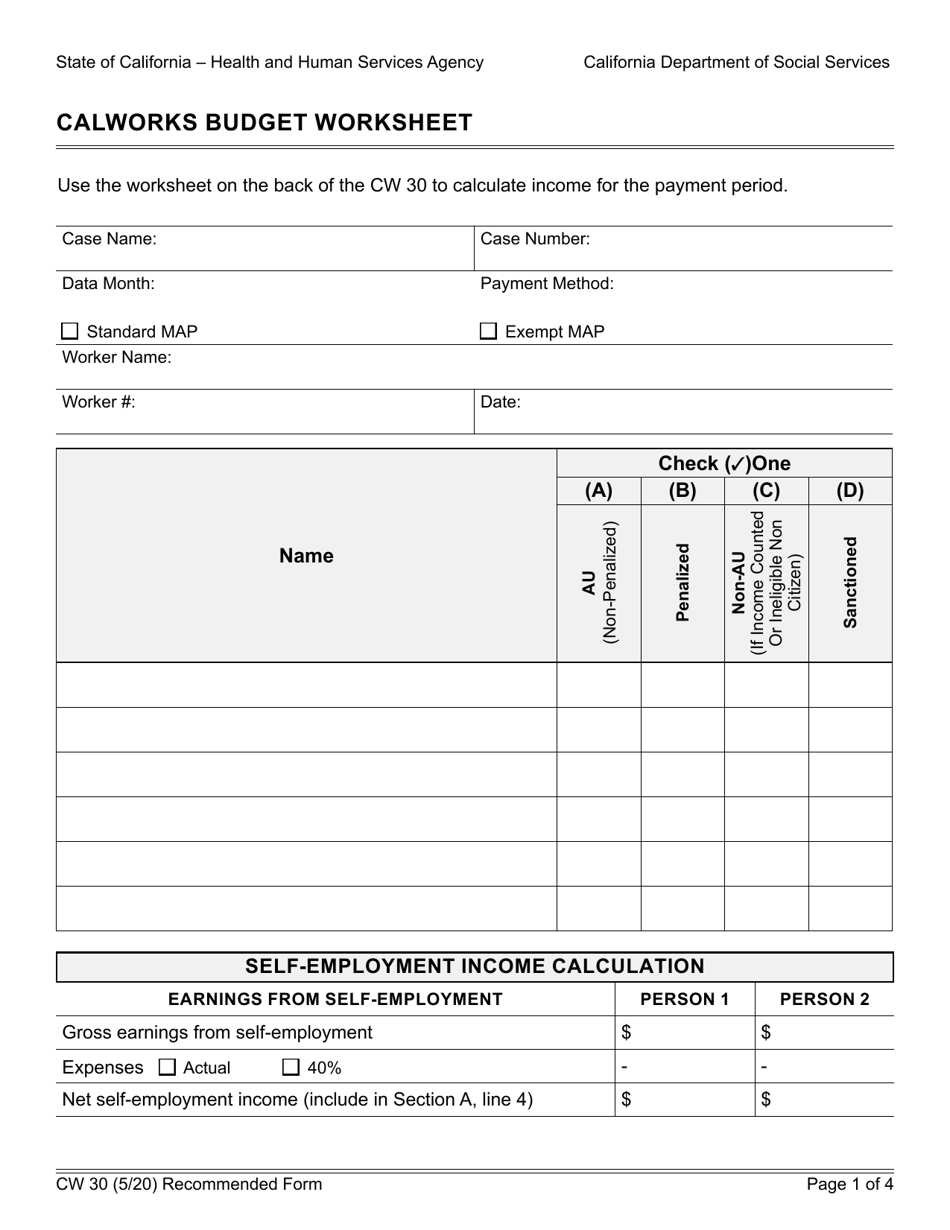 Form CW30 Calworks Budget Worksheet - California, Page 1