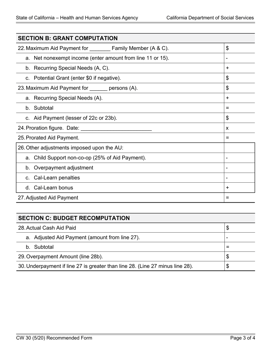 Form CW30 Calworks Budget Worksheet - California, Page 3