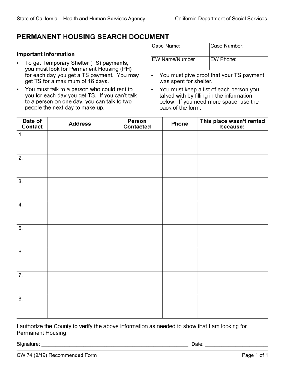 Form CW74 Permanent Housing Search Document - California, Page 1