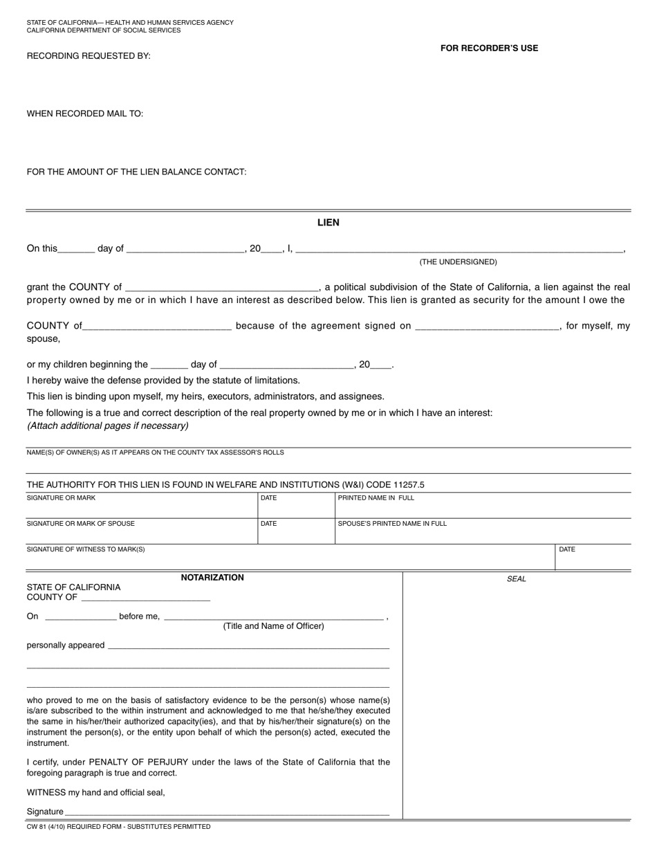 Form CW81 Lien Agreement - California, Page 1
