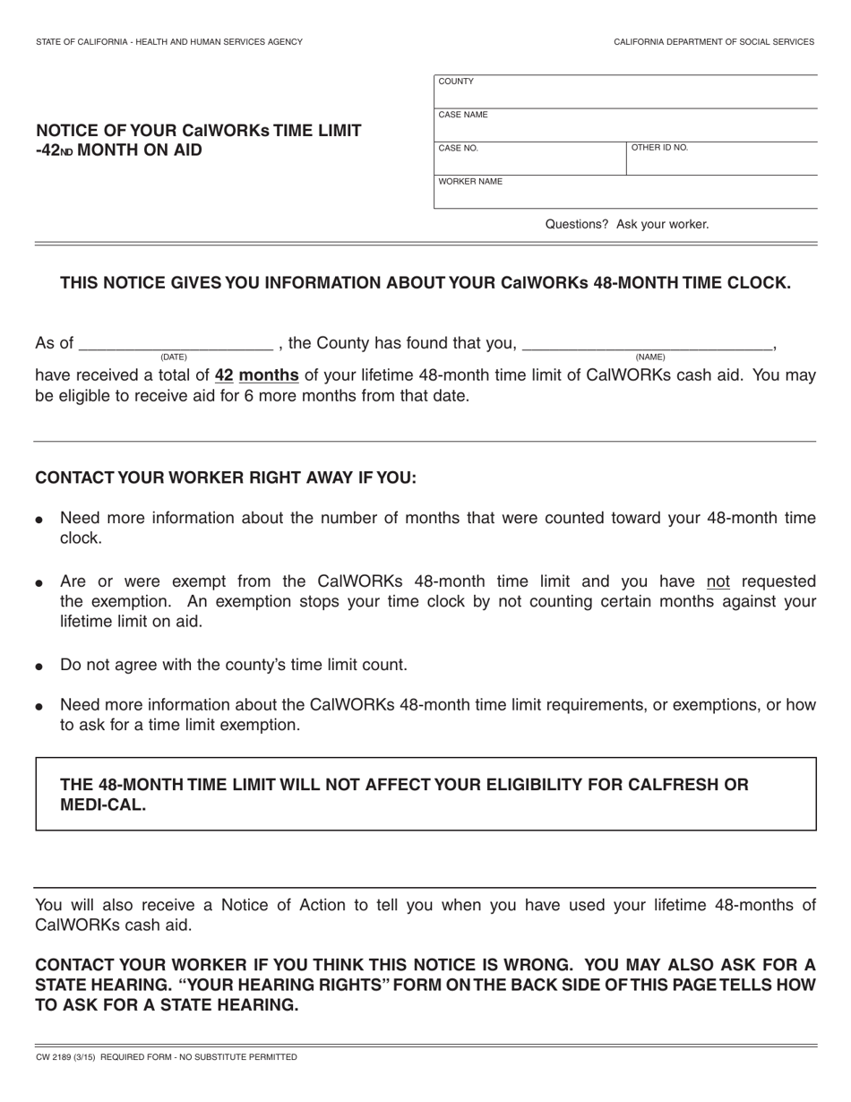 Form CW2189 Notice of Your Calworks Time Limit -42nd Month on Aid - California, Page 1