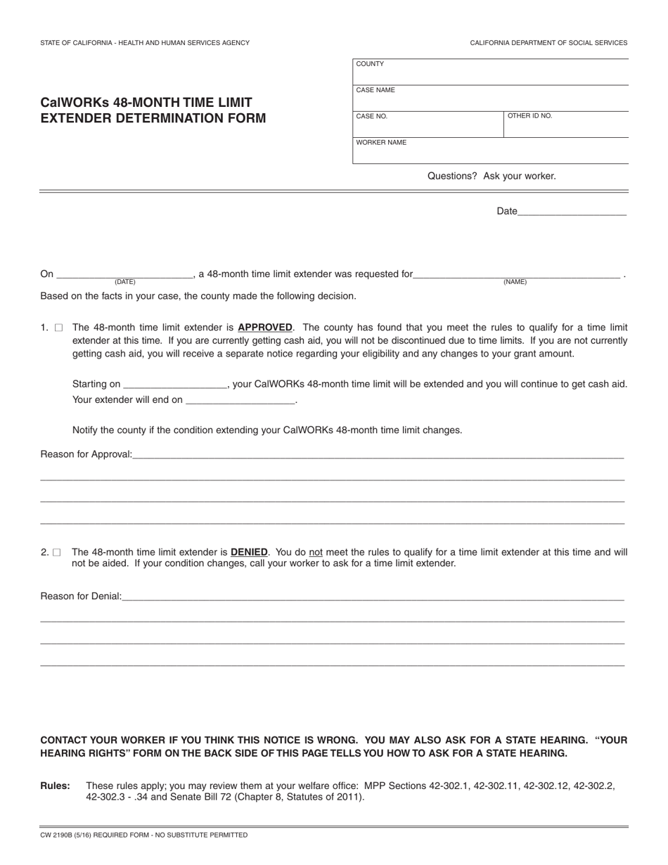 Form CW2190B Calworks 48-month Time Limit Extender Determination Form - California, Page 1