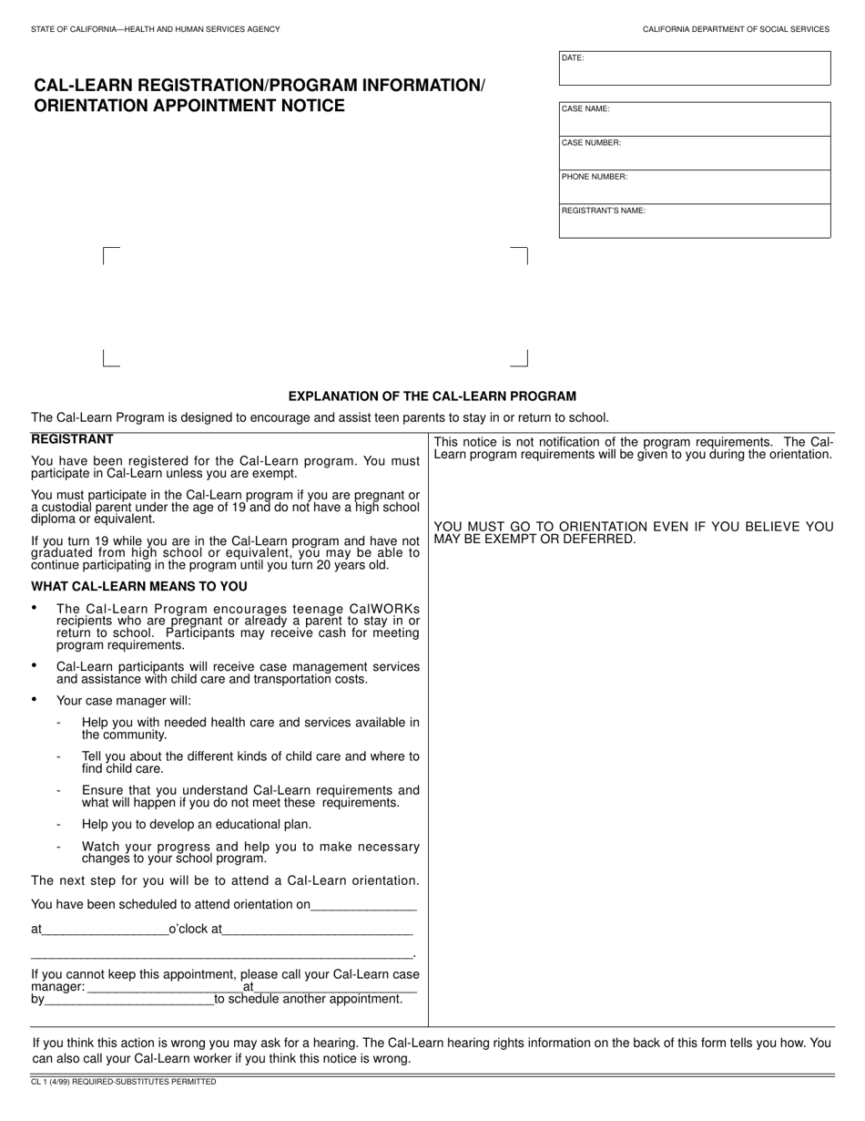 Form CL1 Cal-Learn Registration / Program Information / Orientation Appointment Notice - California, Page 1