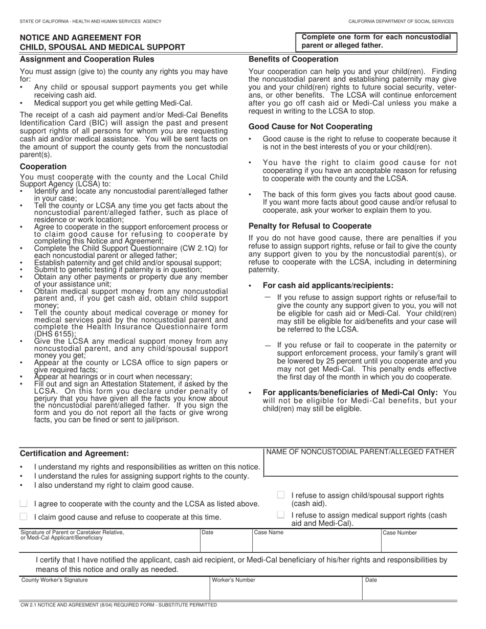 Form CW2.1 N A Notice and Agreement for Child, Spousal and Medical Support - California, Page 1