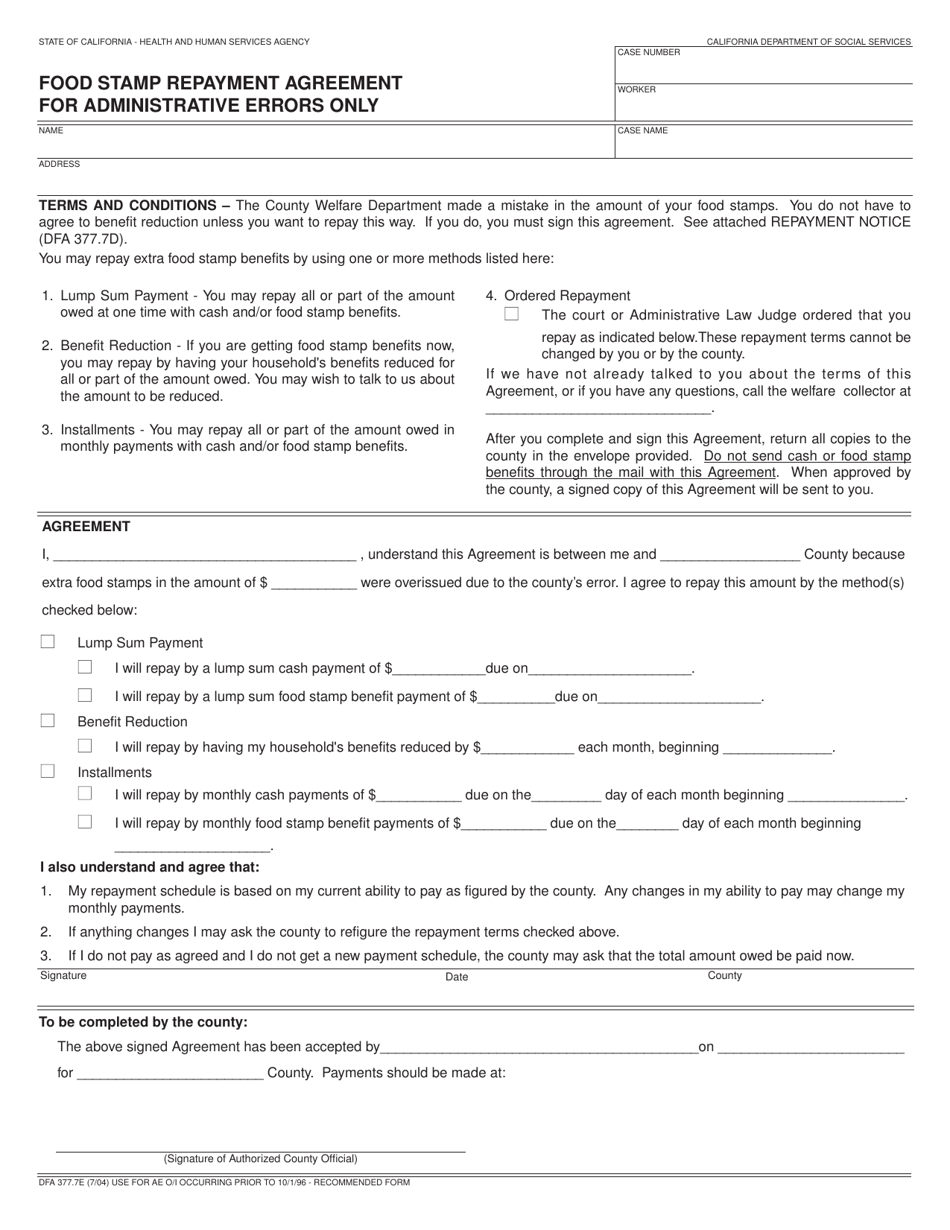 Form DFA377.7E Food Stamp Repayment Agreement for Administrative Errors Only - California, Page 1