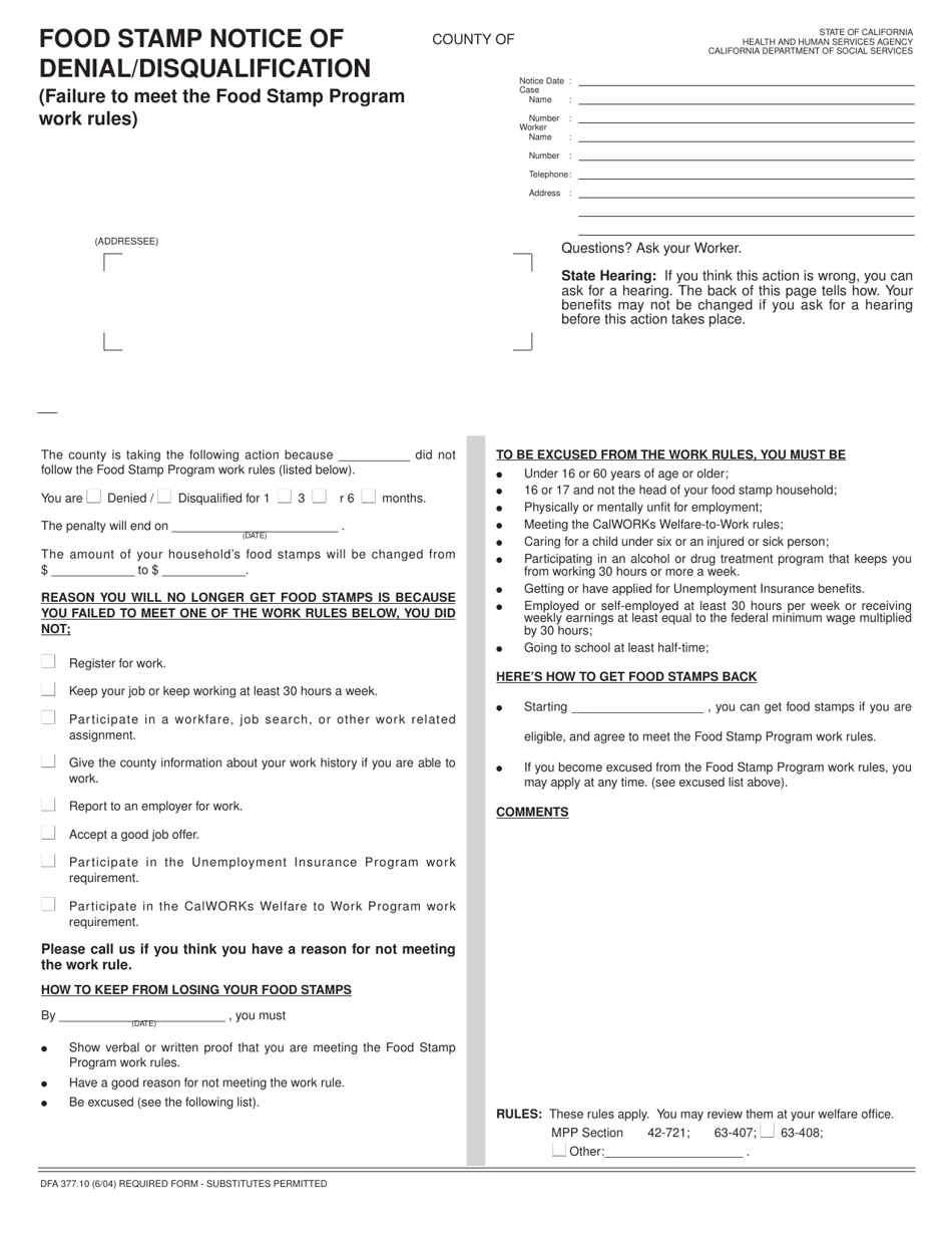 Form DFA377.10 Food Stamp Notice of Denial / Disqualification (Failure to Meet the Food Stamp Program Work Rules) - California, Page 1