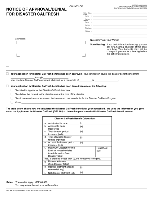 Form DFA390 Notice of Approval/Denial for Disaster Calfresh - California
