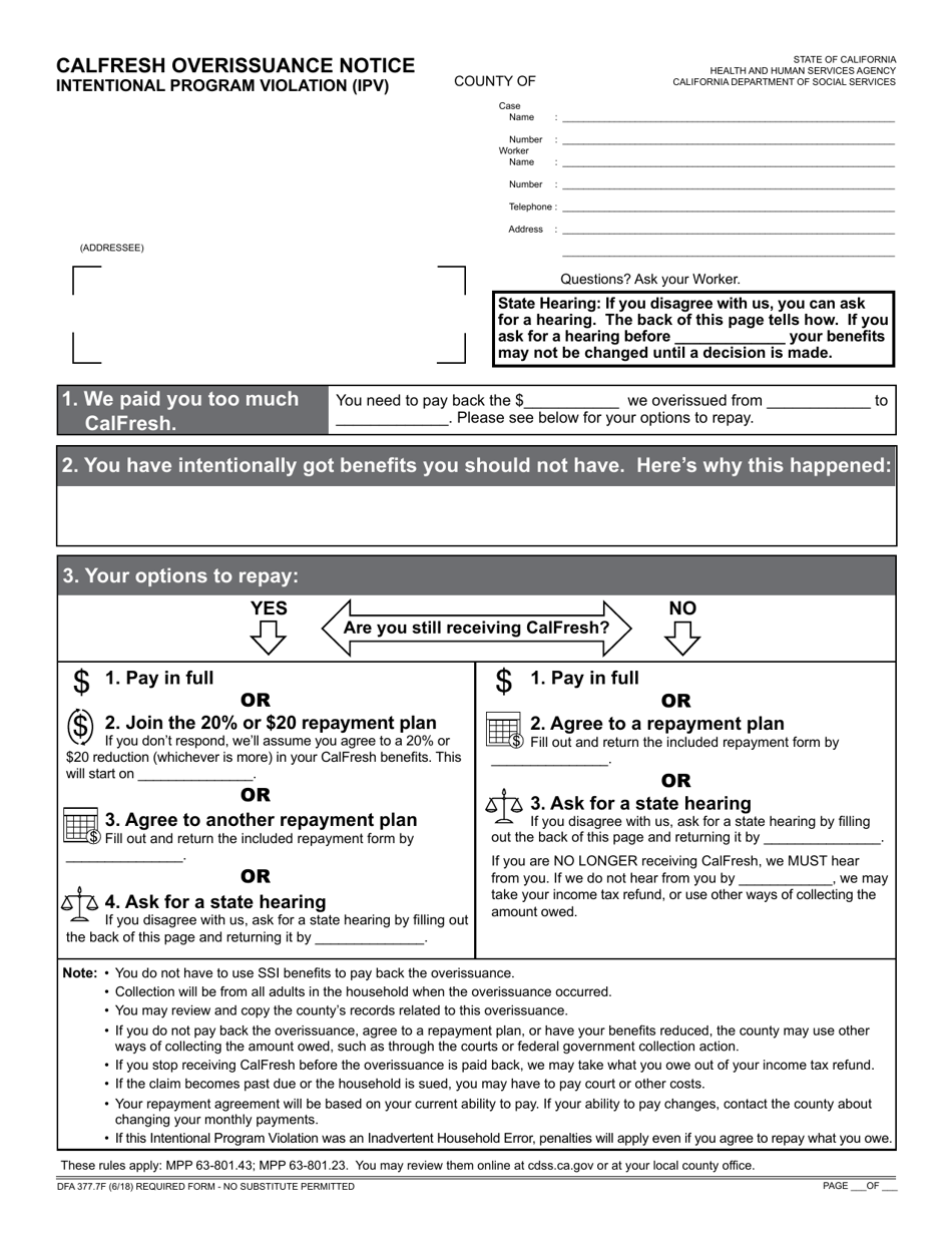 Form DFA377.7F CalFresh Overissuance Notice - Intentional Program Violation (Ipv) - California, Page 1