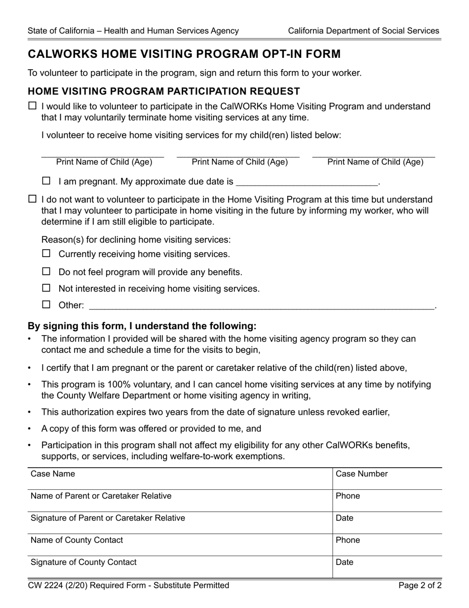 Form CW2224 Calworks Home Visiting Program (Hvp) Opt-In Form - California, Page 2