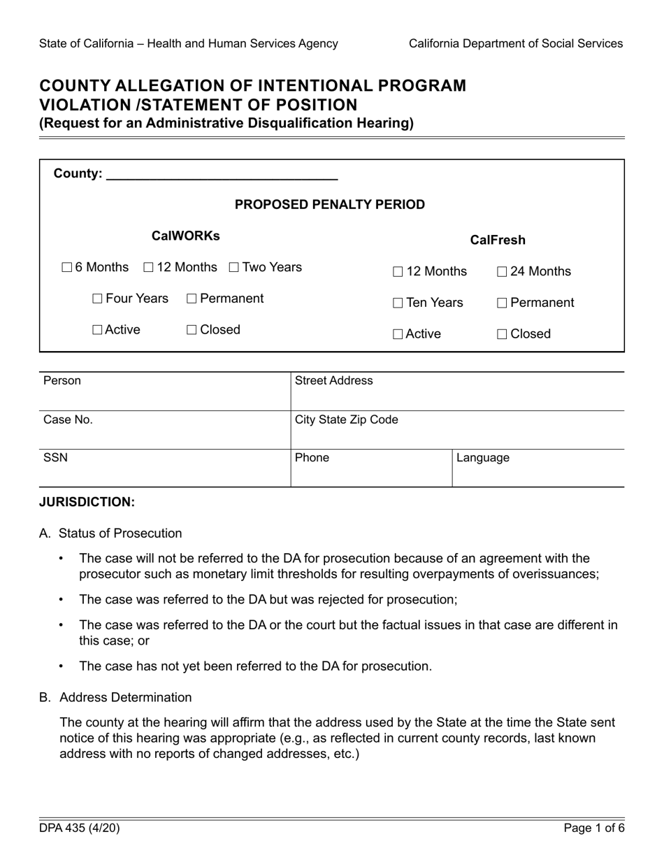 Form DPA435 County Allegation of Intentional Program Violation / Statement of Position (Request for an Administrative Disqualification Hearing) - California, Page 1
