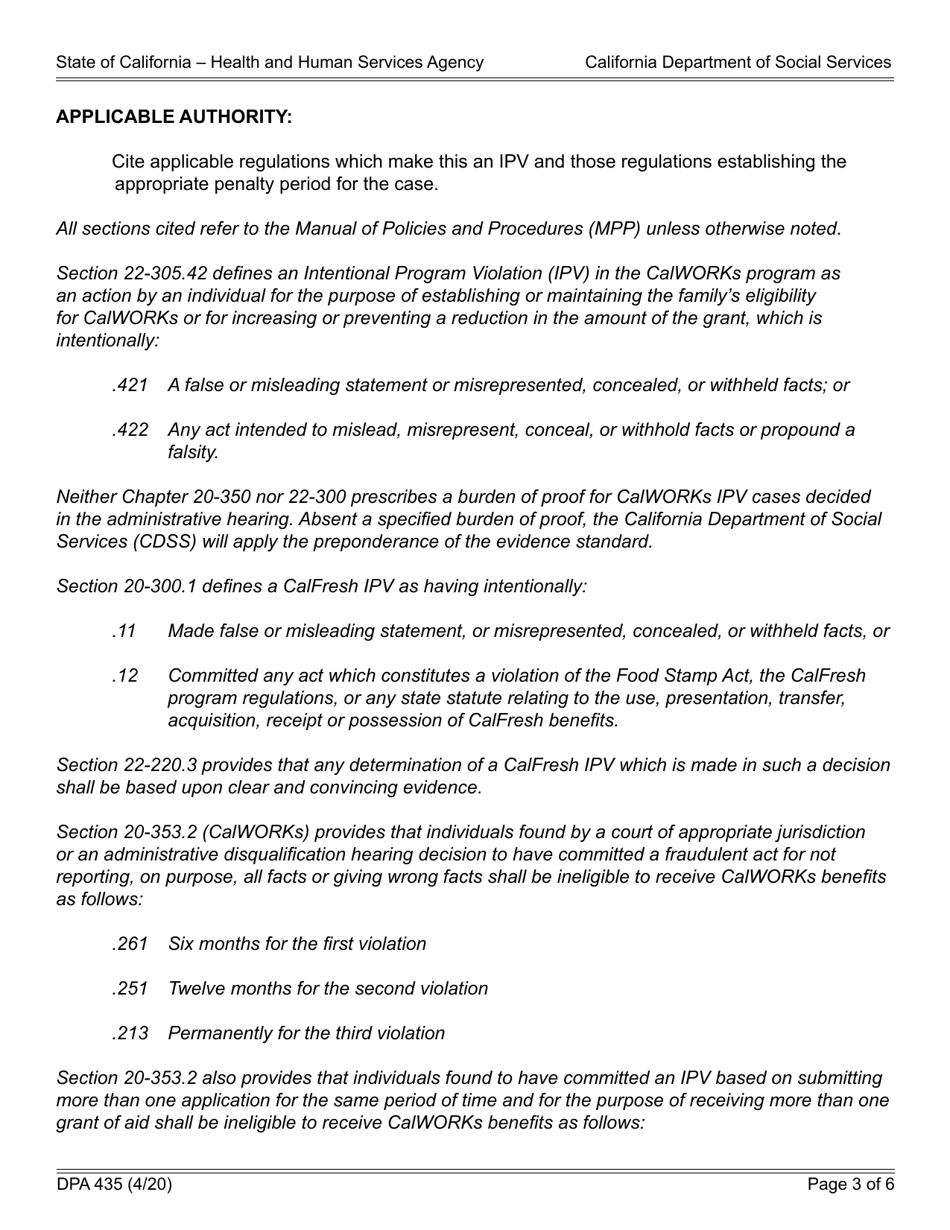 Form DPA435 County Allegation of Intentional Program Violation / Statement of Position (Request for an Administrative Disqualification Hearing) - California, Page 3