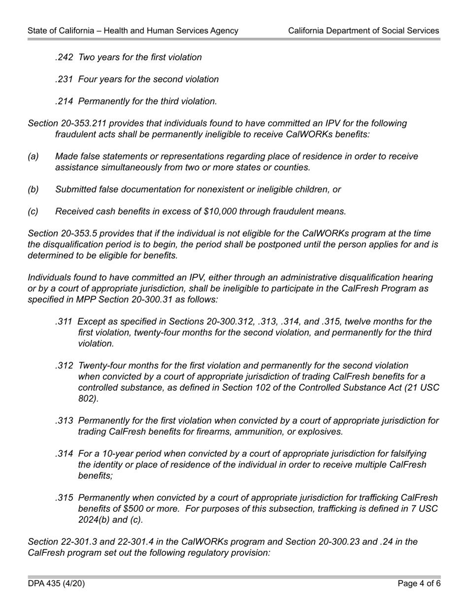Form DPA435 County Allegation of Intentional Program Violation / Statement of Position (Request for an Administrative Disqualification Hearing) - California, Page 4