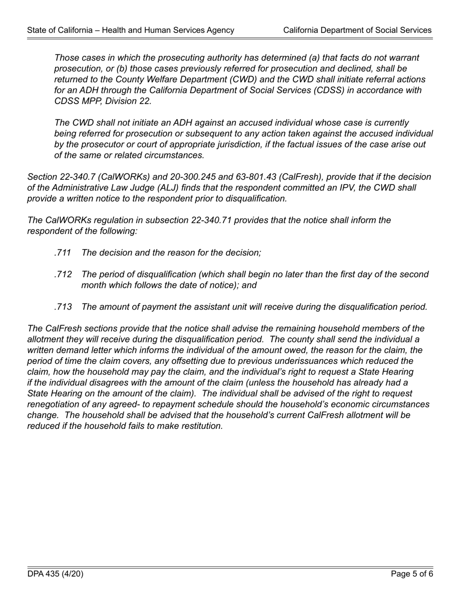 Form DPA435 County Allegation of Intentional Program Violation / Statement of Position (Request for an Administrative Disqualification Hearing) - California, Page 5