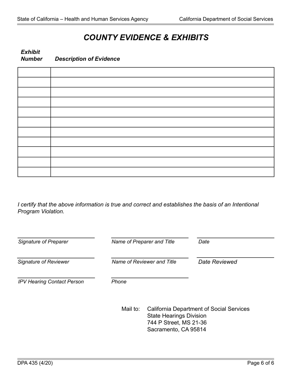 Form DPA435 County Allegation of Intentional Program Violation / Statement of Position (Request for an Administrative Disqualification Hearing) - California, Page 6