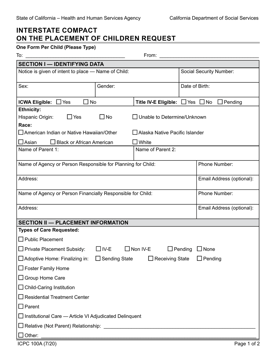 Form ICPC100A Interstate Compact on the Placement of Children Request - California, Page 1