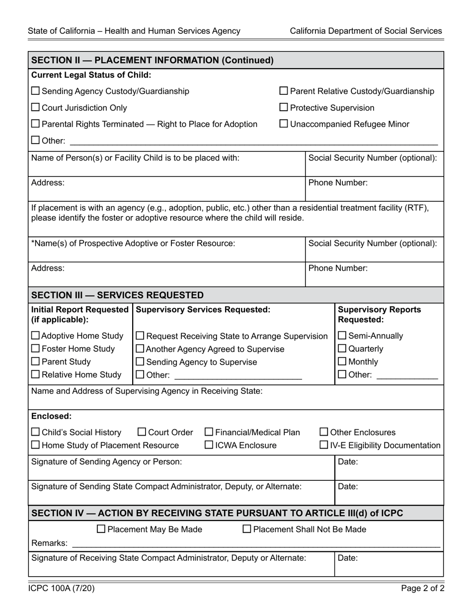 Form ICPC100A Interstate Compact on the Placement of Children Request - California, Page 2