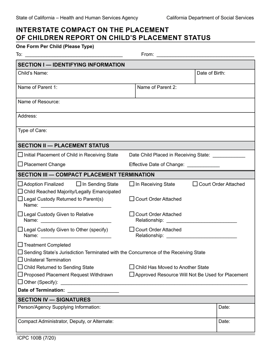 Form ICPC100B - Fill Out, Sign Online and Download Fillable PDF, California | Templateroller