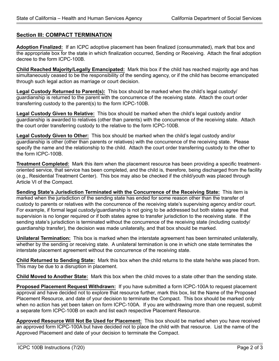 Instructions for Form ICPC100B Interstate Compact on the Placement of Children Report on Childs Placement Status - California, Page 2