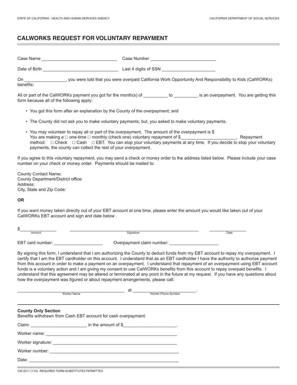 Form CW2217 Calworks Request for Voluntary Repayment - California, Page 1