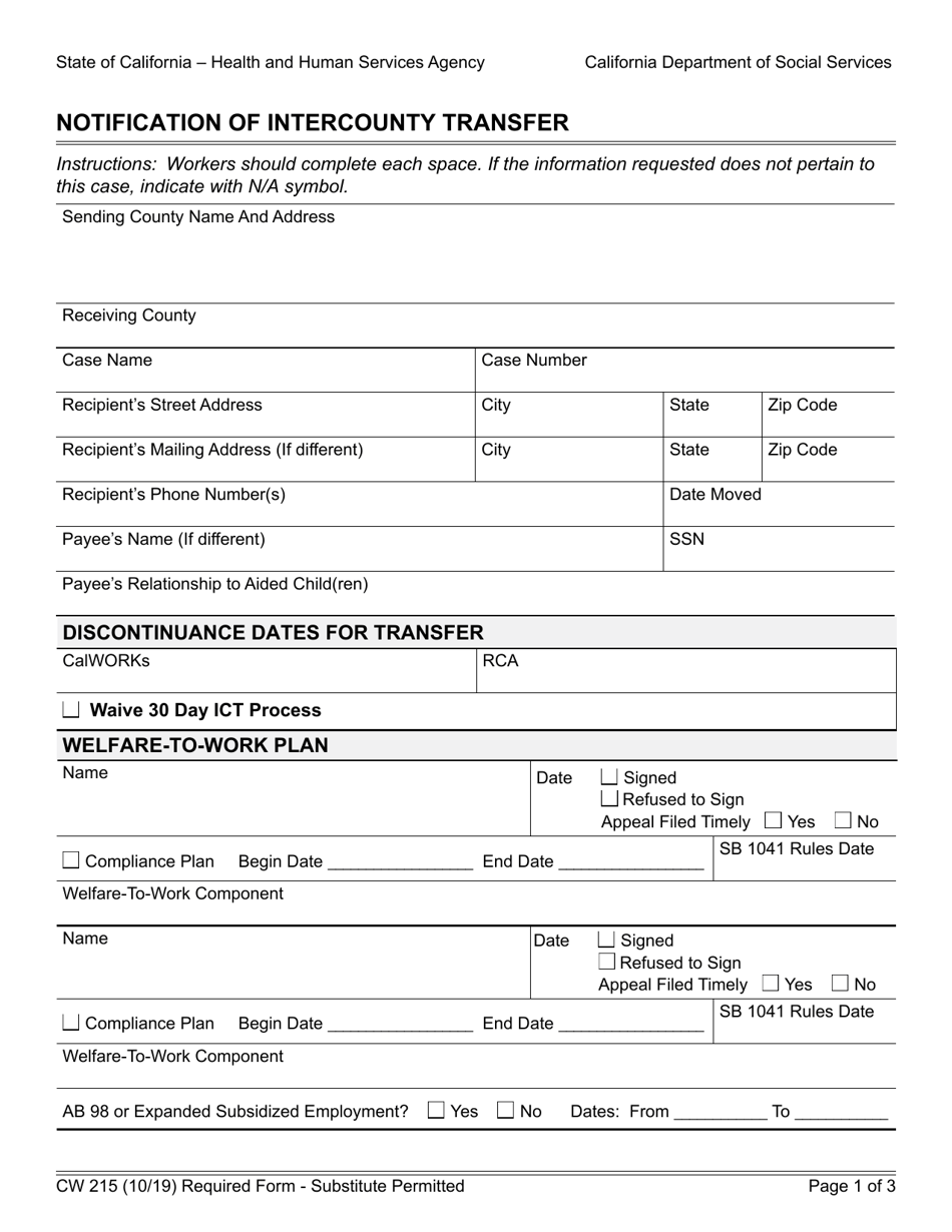 Form CW215 Notification of Intercounty Transfer - California, Page 1