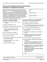 Form LIC184E Notice of Incomplete Application (Noia) Changes to Corporate Status - California
