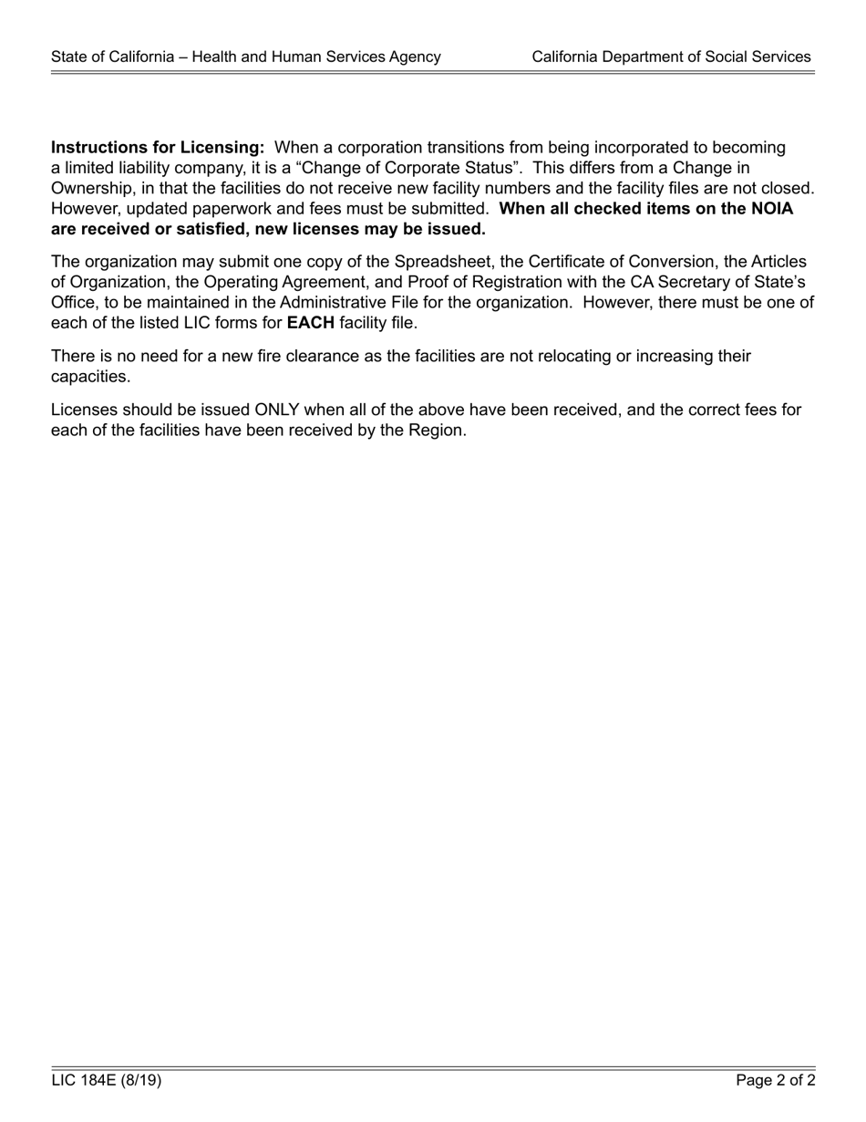 Form LIC184E Notice of Incomplete Application (Noia) Changes to Corporate Status - California, Page 2