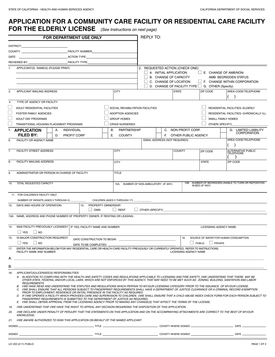 Form LIC200 Application for a Community Care Facility or Residential Care Facility for the Elderly License - California, Page 1