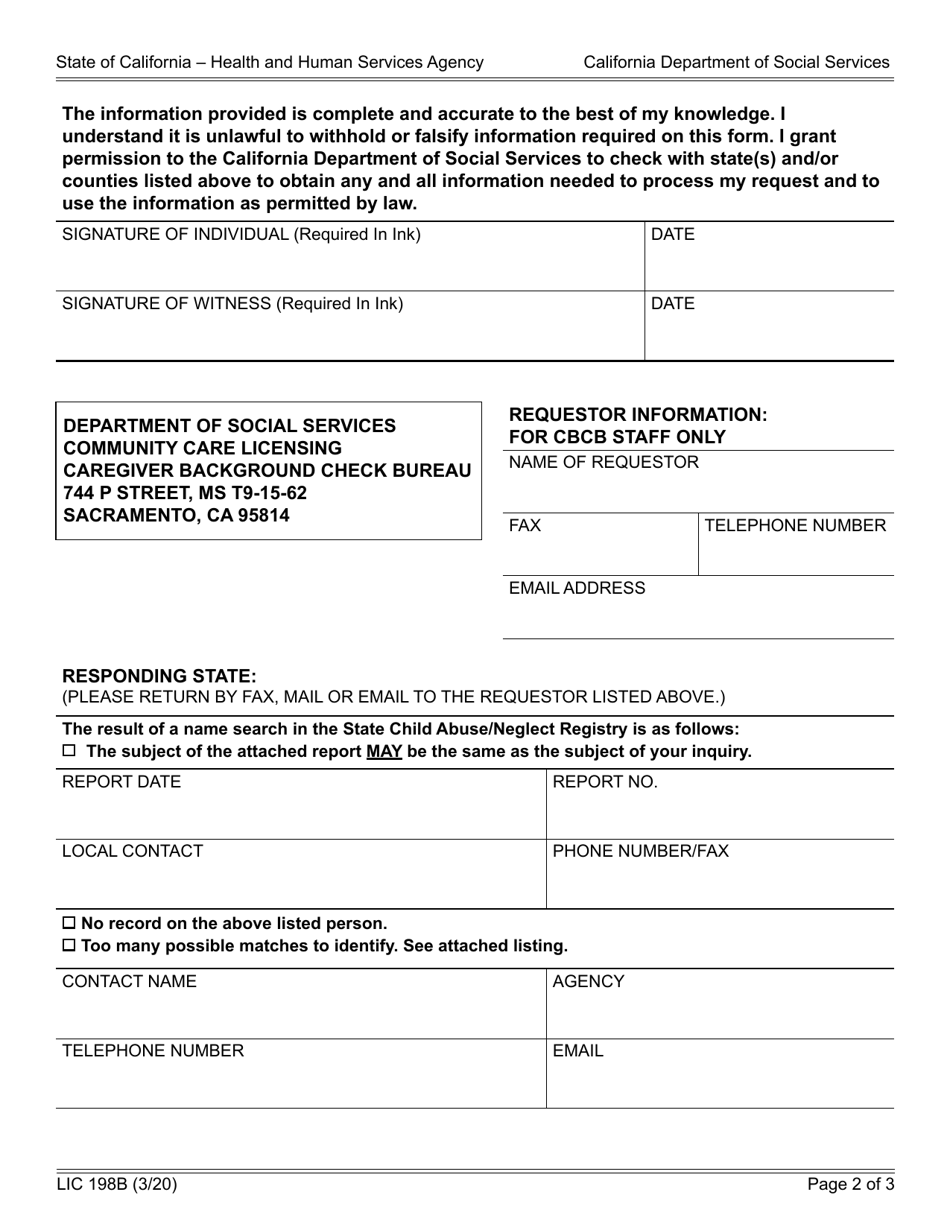 Form LIC198B Out-of-State Child Abuse / Neglect Report Request - California, Page 2