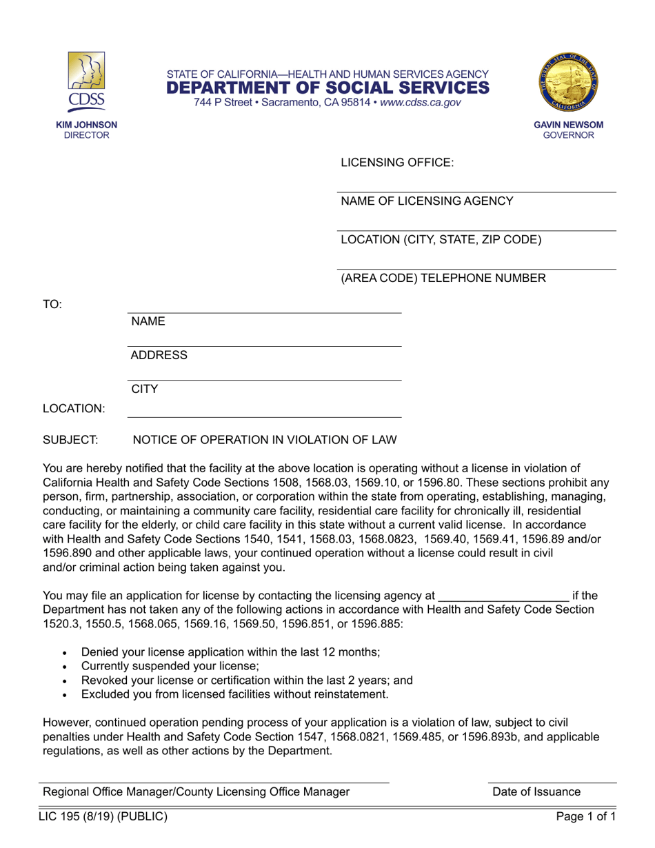 Form LIC195 Notice of Operation in Violation of Law - California, Page 1