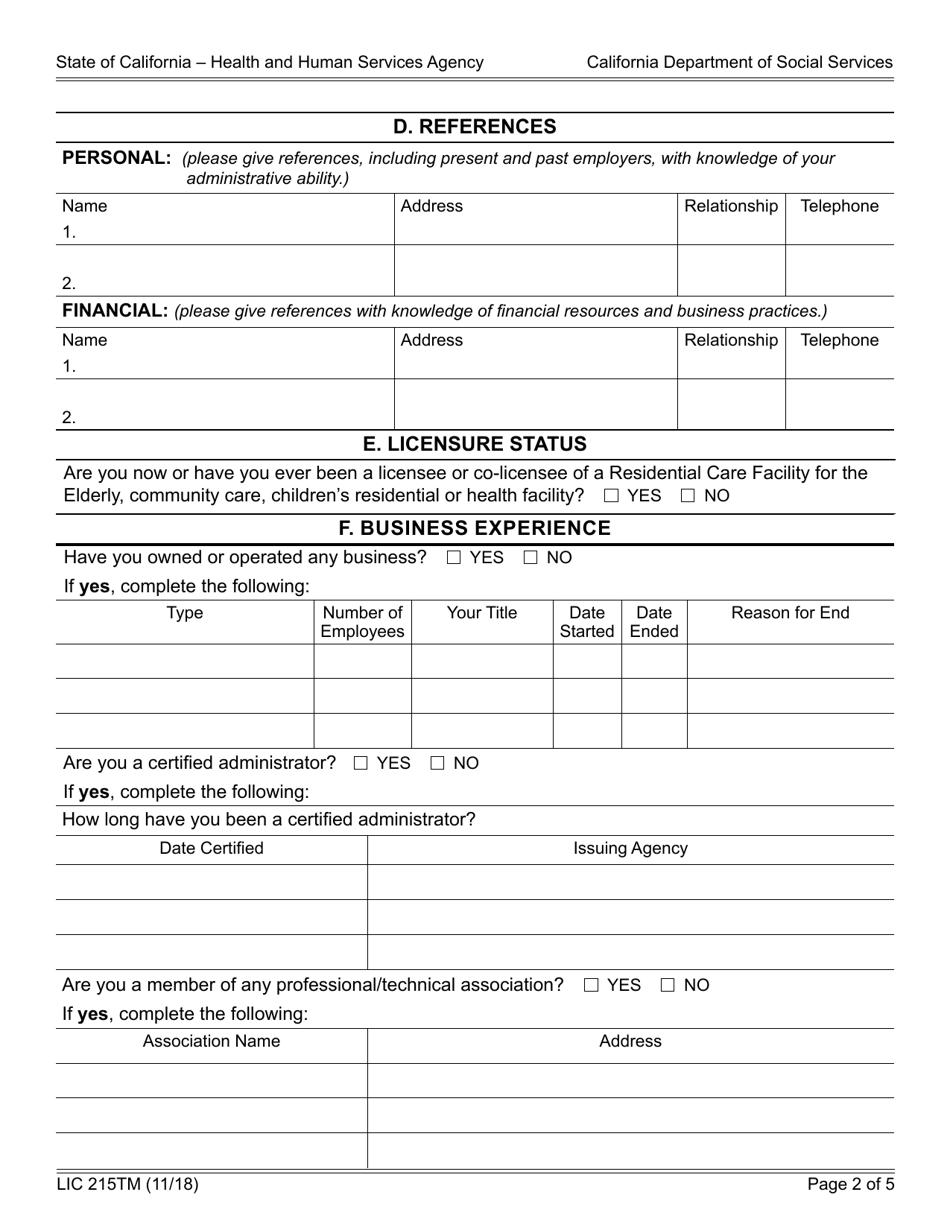 Form LIC215TM Temporary Manager Candidate List Application Information - California, Page 2