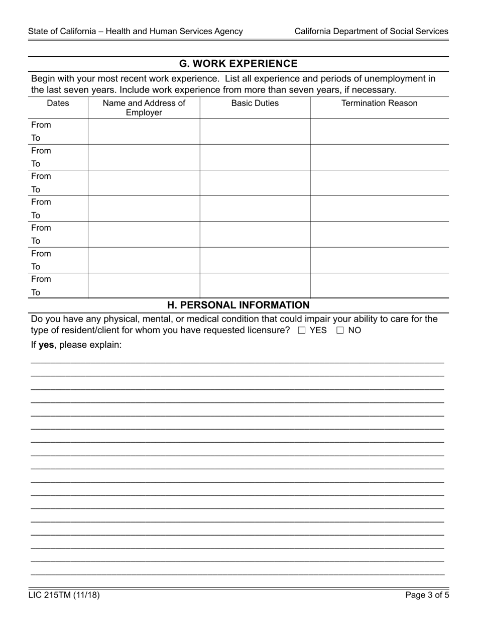 Form LIC215TM Temporary Manager Candidate List Application Information - California, Page 3