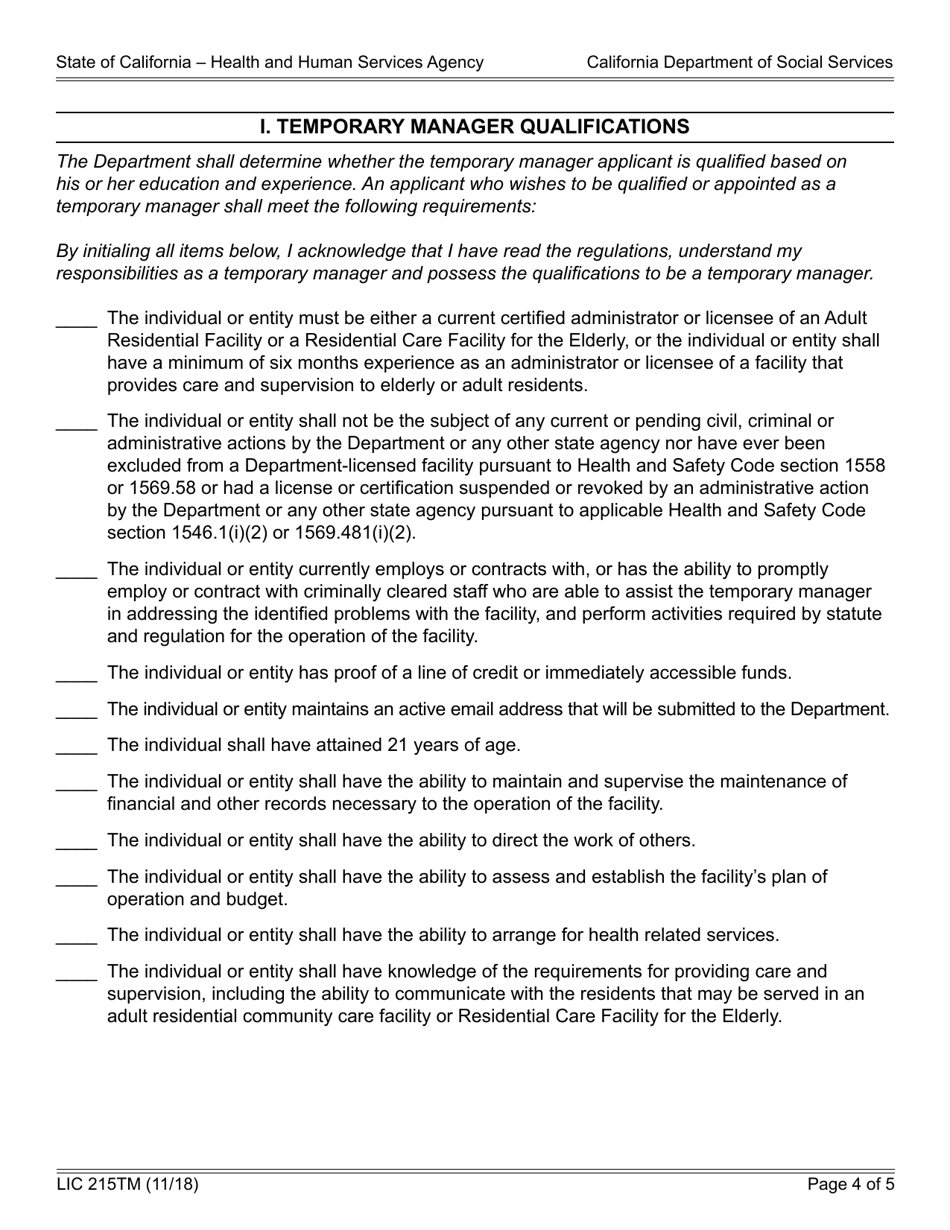 Form LIC215TM Temporary Manager Candidate List Application Information - California, Page 4