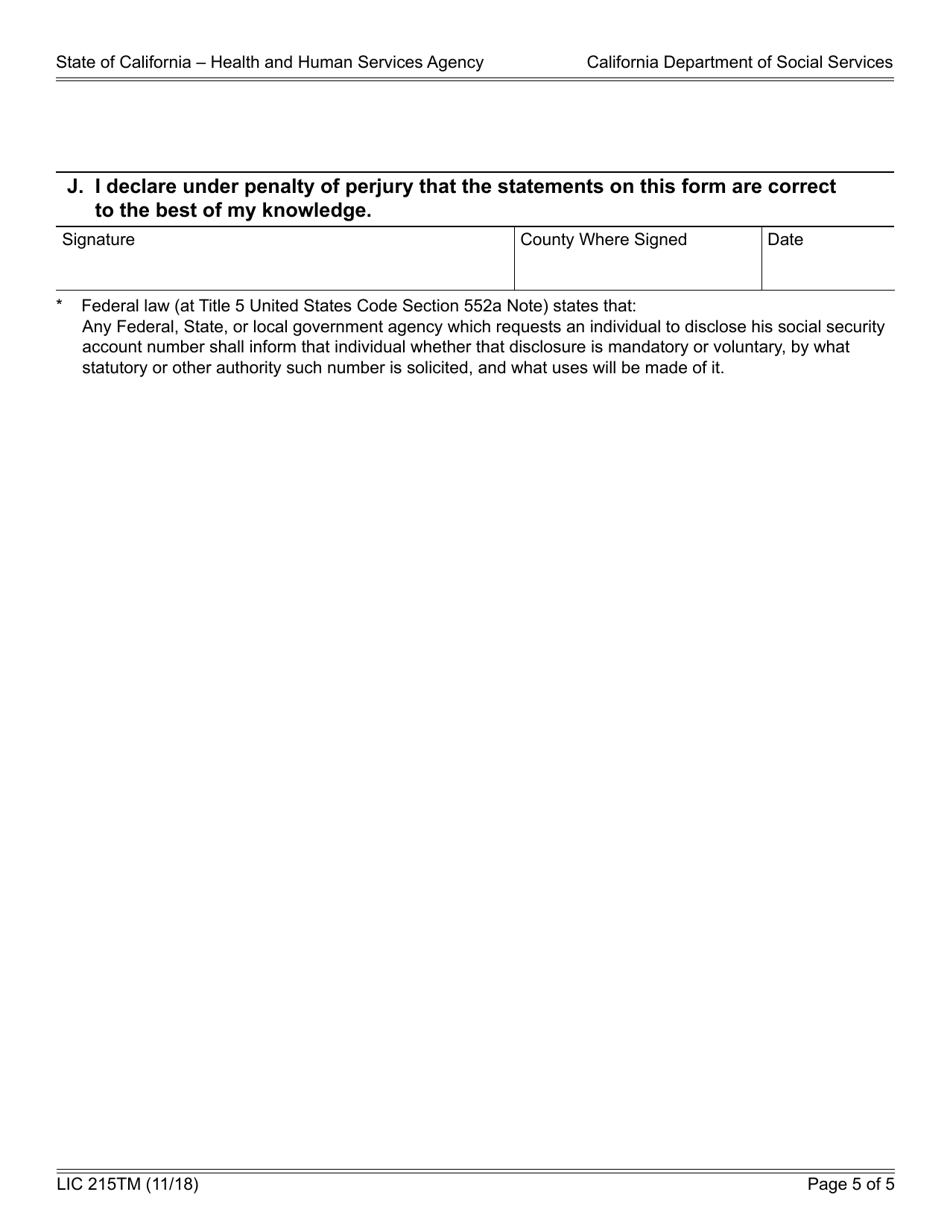Form LIC215TM Temporary Manager Candidate List Application Information - California, Page 5