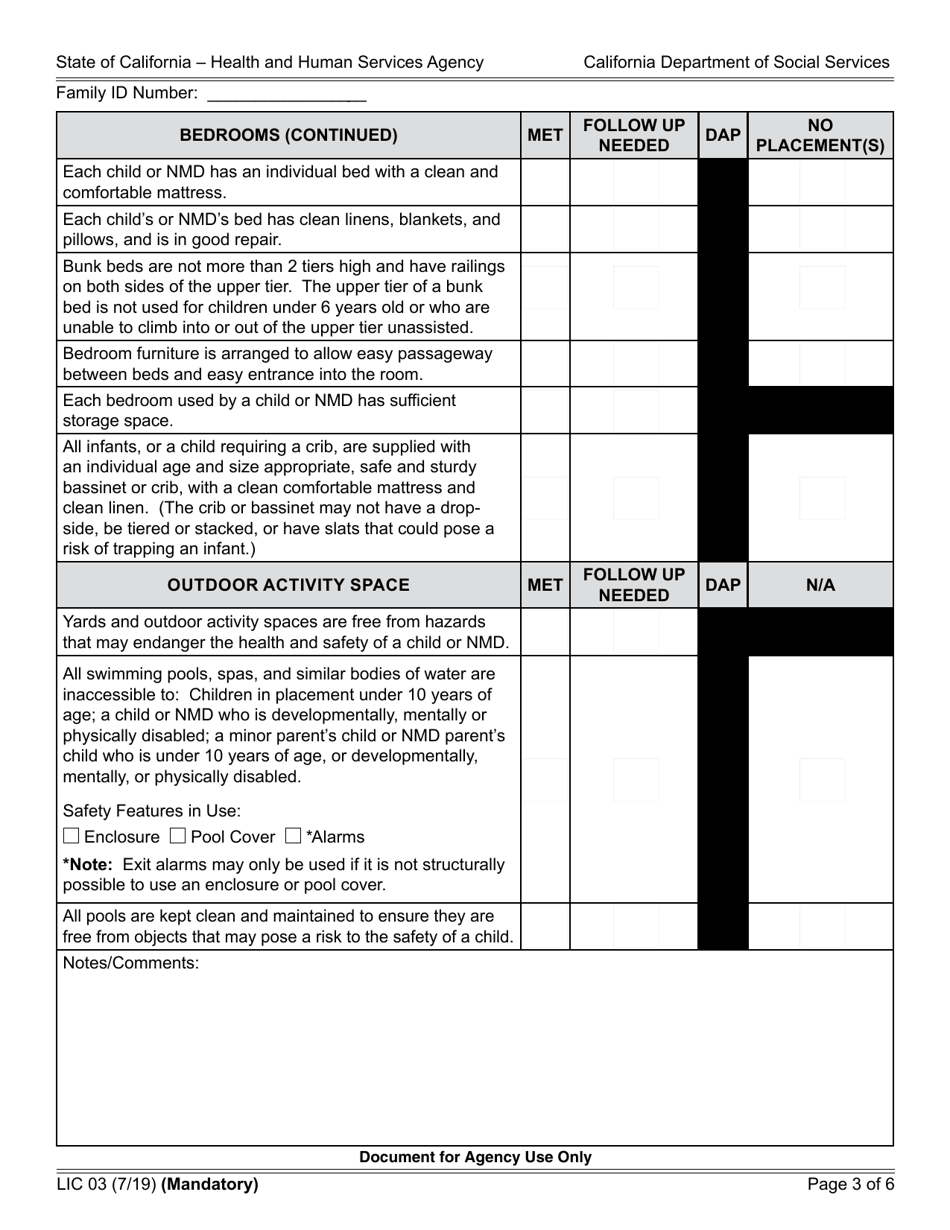 Form LIC03 Resource Family Home Health and Safety Assessment Checklist - California, Page 3