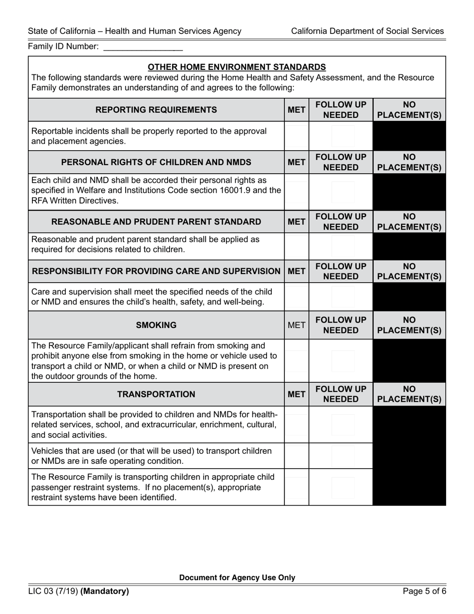 Form LIC03 Resource Family Home Health and Safety Assessment Checklist - California, Page 5
