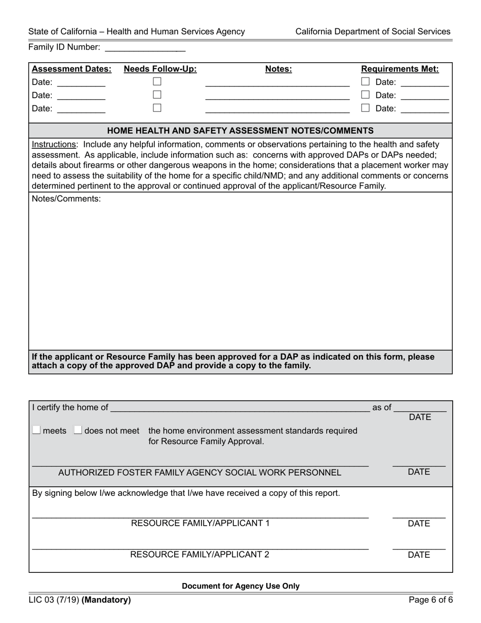 Form LIC03 Resource Family Home Health and Safety Assessment Checklist - California, Page 6