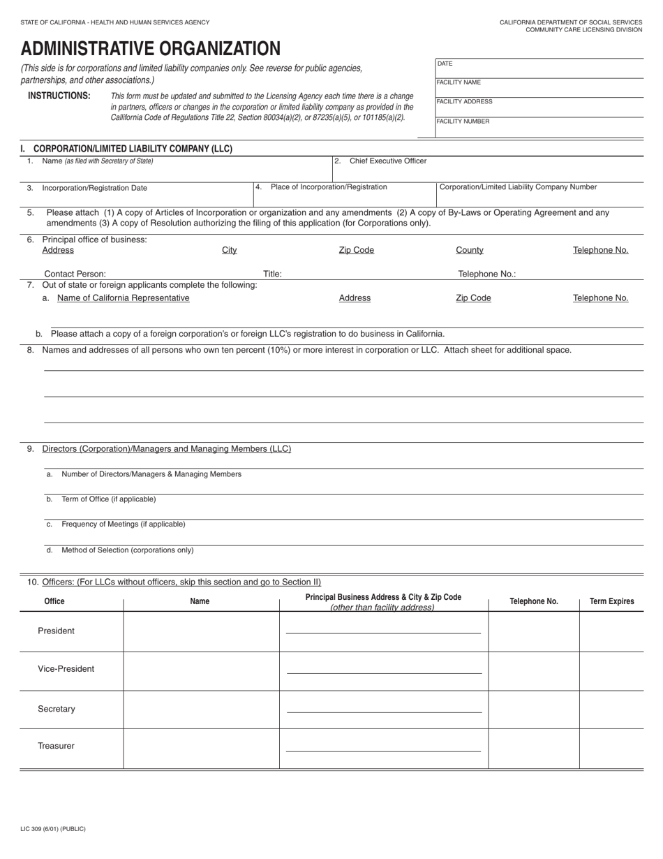 Form LIC309 Administrative Organization - California, Page 1