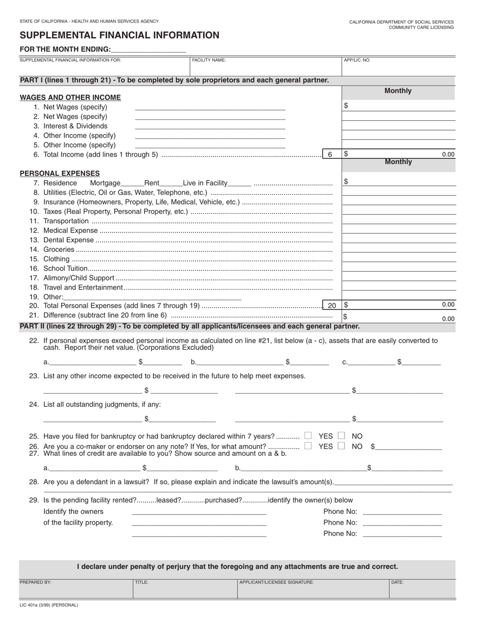 Form LIC401A Supplemental Financial Information - California, Page 1