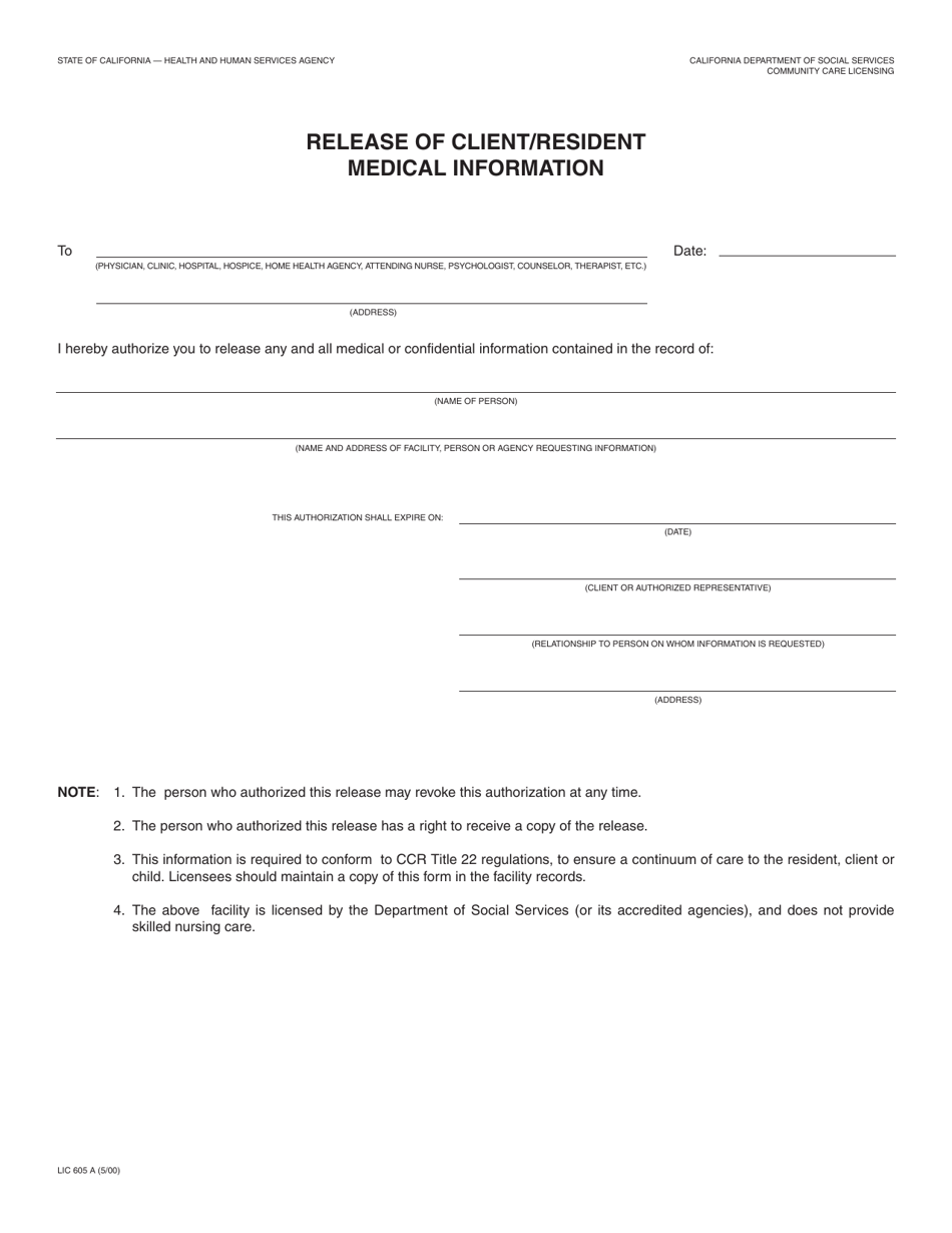 Form LIC605 A Release of Client / Resident Medical Information - California, Page 1