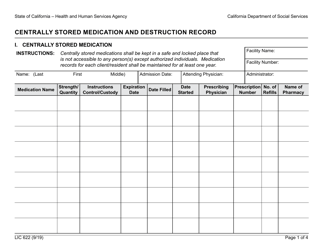 Form LIC622 Centrally Stored Medication and Destruction Record - California