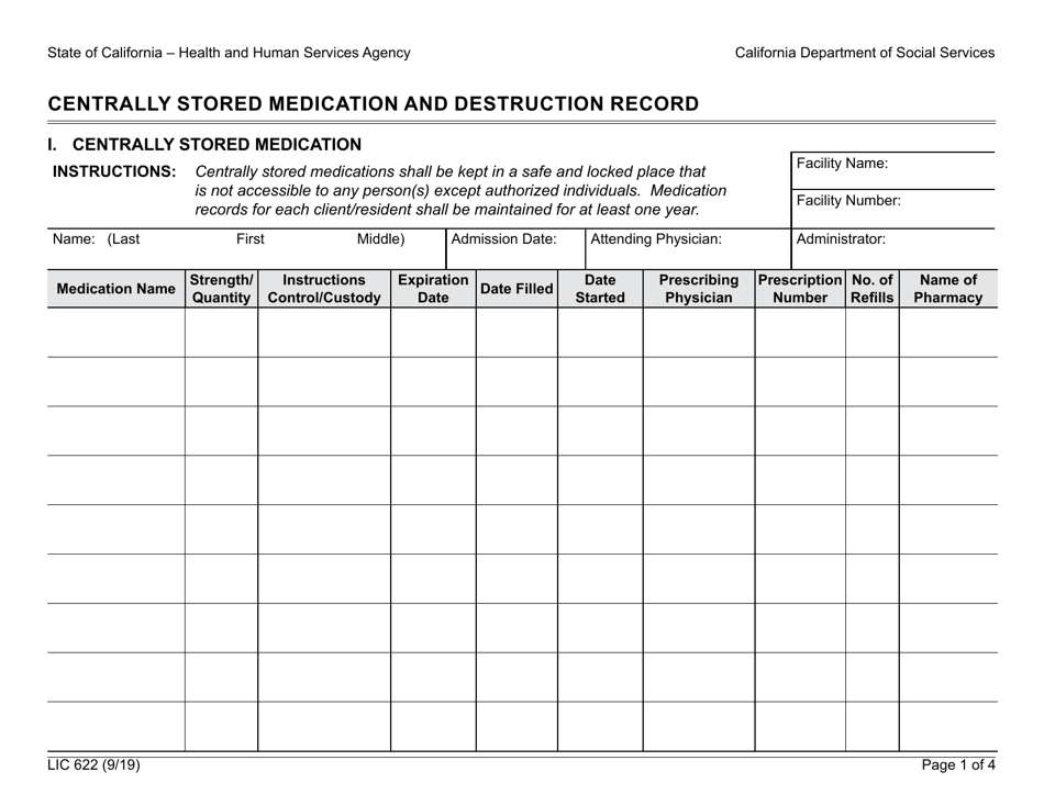 Form LIC622 Centrally Stored Medication and Destruction Record - California, Page 1