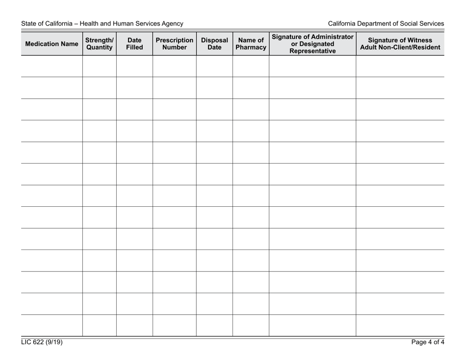 Form LIC622 Centrally Stored Medication and Destruction Record - California, Page 4