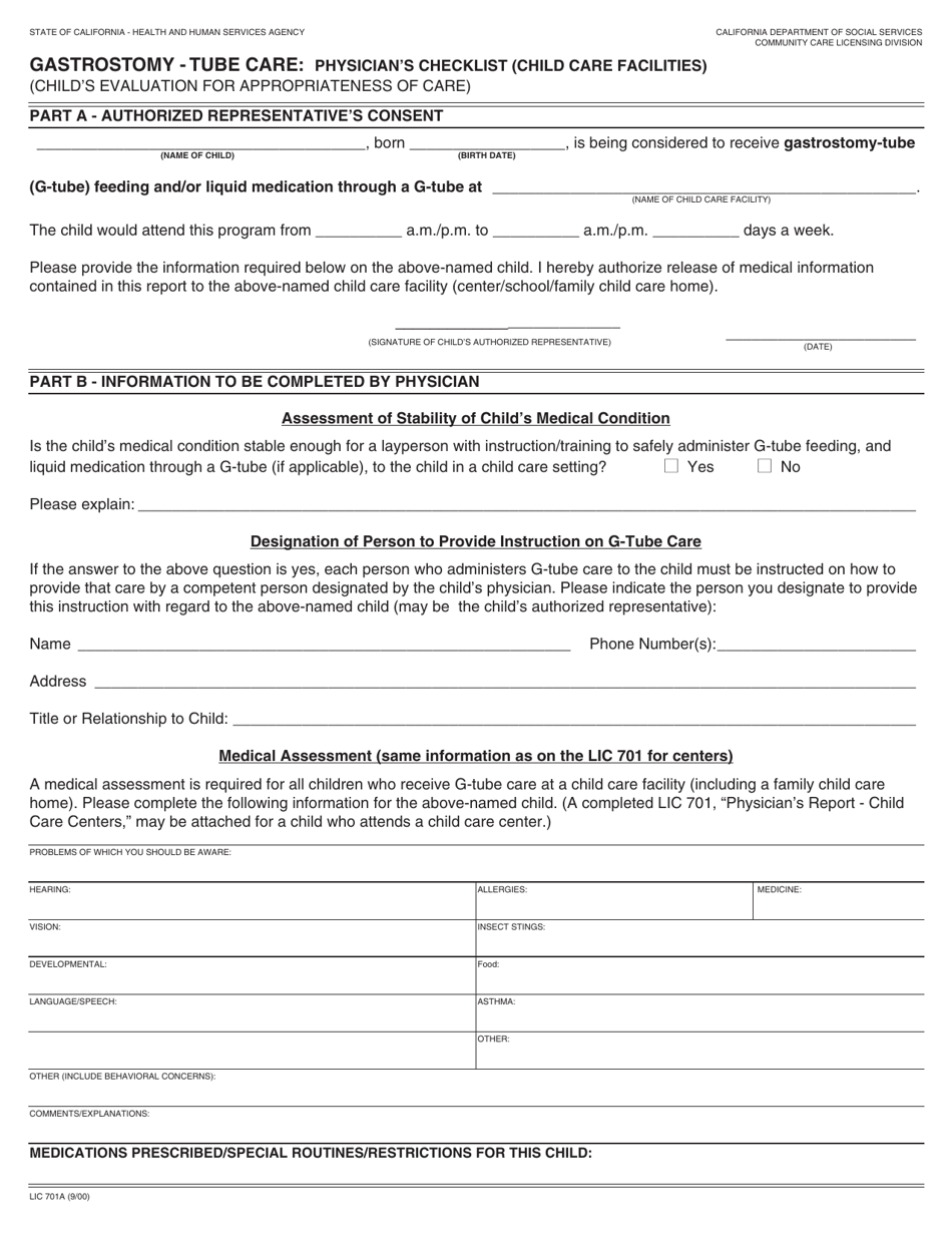 Form LIC701A Gastrostomy - Tube Care: Physicians Checklist (Child Care Facilities) - California, Page 1