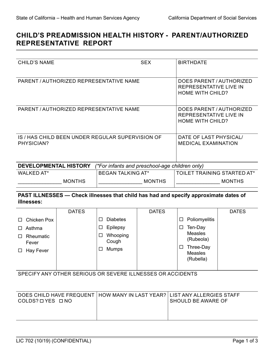 Form LIC702 Child's Preadmission Health History - Parent/Authorized Representative Report - California, Page 1