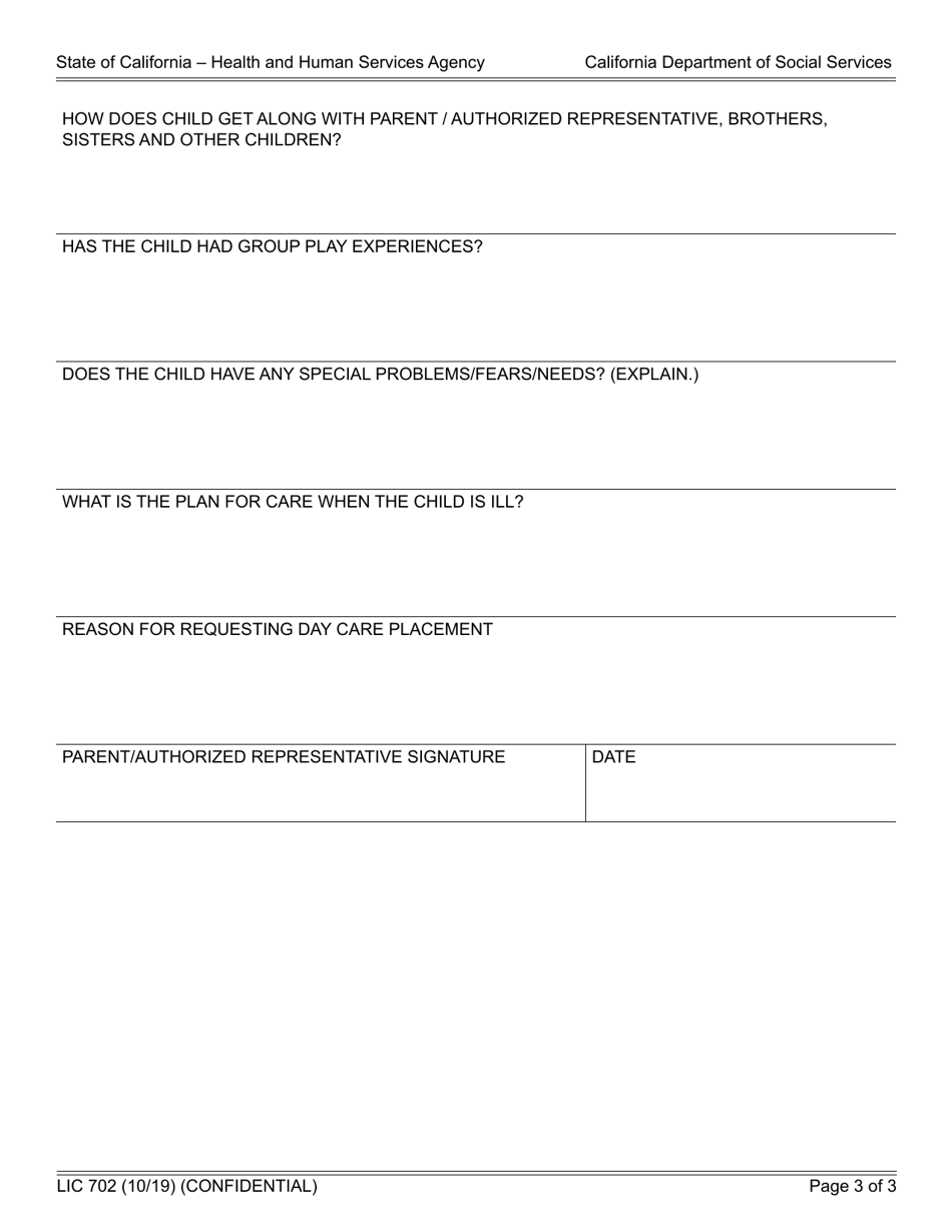 Form LIC702 Childs Preadmission Health History - Parent / Authorized Representative Report - California, Page 3